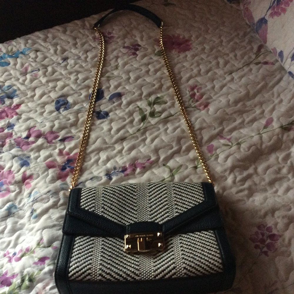 Michael Kors Navy Blue Leather and White Tweed Crossbody